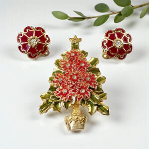 Vintage Christopher Radko Pointsetta Rhinestone Christmas Tree Brooch & Earrings